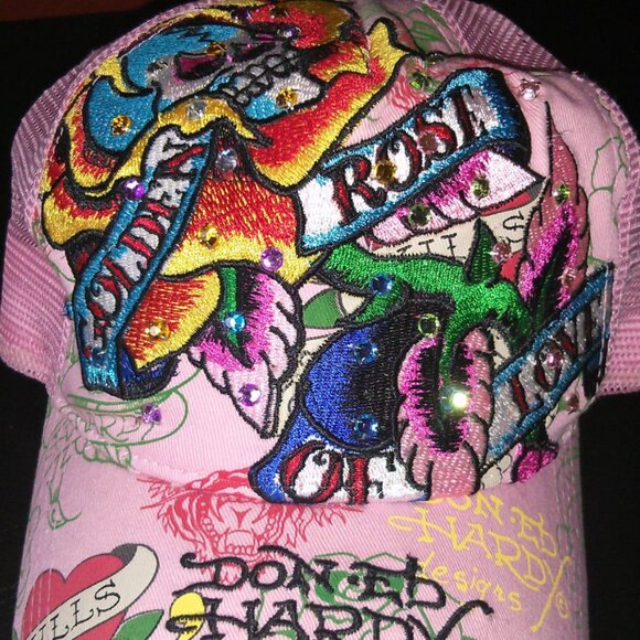 Don Ed Hardy Rhinestone Mesh Hot Pink Hat - Heart & Skull 2000s Y2K Vintage - Picture 7 of 8